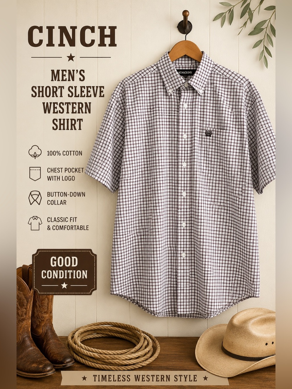 Cinch Men’s Short Sleeve Check Button-Down Shirt White Brown Cotton